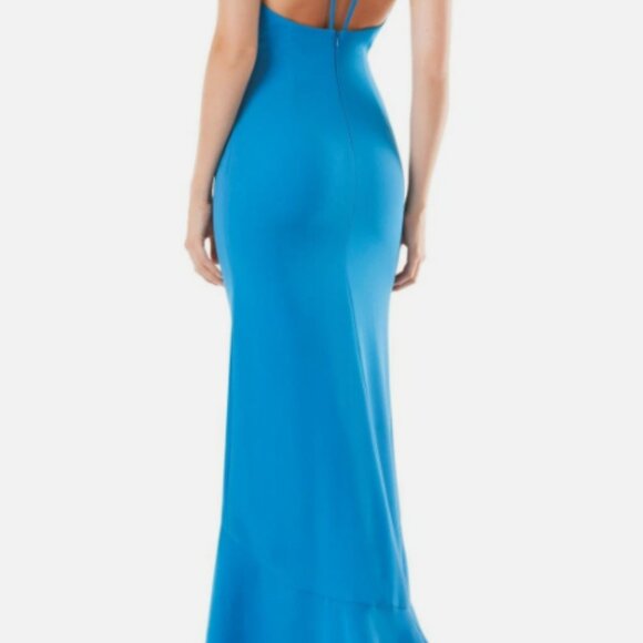 CARMEN MARC VALVO Infusion Peacock Blue Cascading Ruffle Hi-Slit Maxi Gown 6 US - Picture 8 of 10